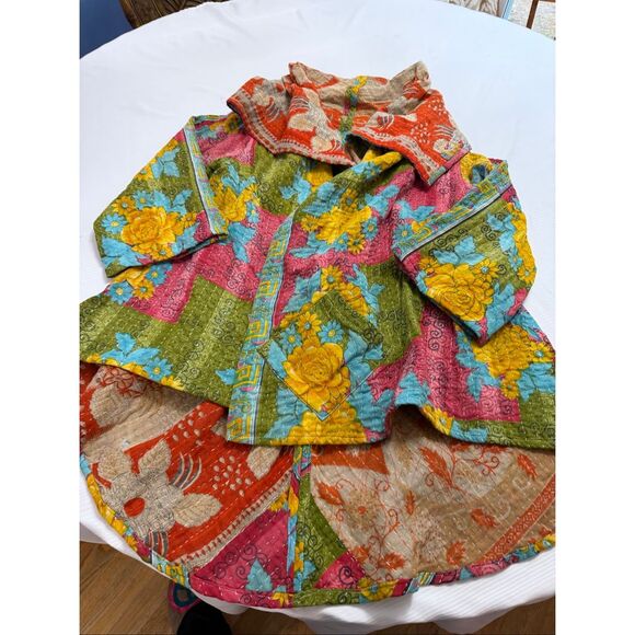 Kantha Patchwork Kimono Jacket Reversible Colorful Boho Patch Pockets O/S - Picture 12 of 16